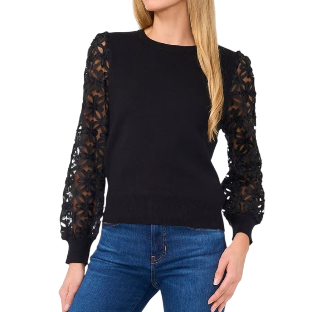 Vine & Love Black Sheer Lace Puff Long Sleeve Stretch Sweater Size Large